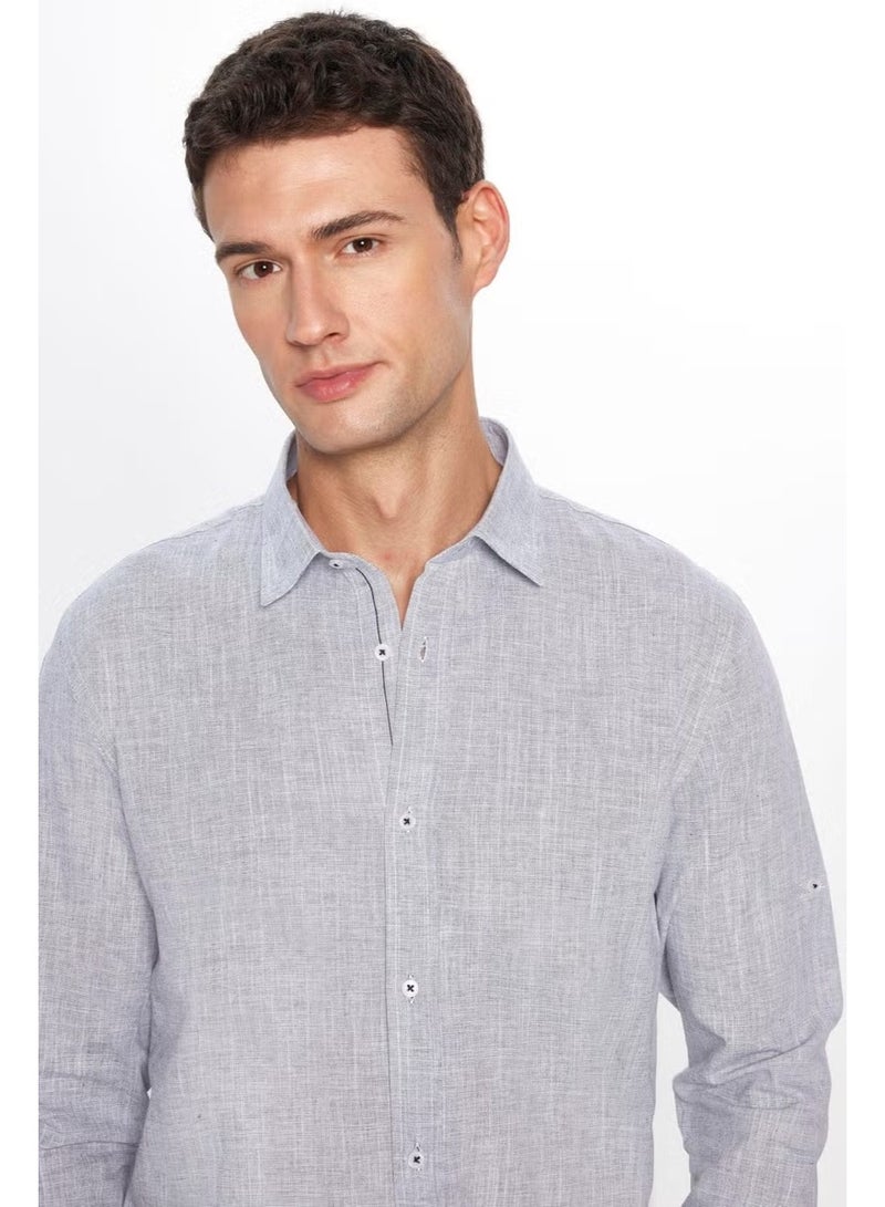 Tudors Men's Slim Fit Slim Fit Long Sleeve Cotton Linen Texture Epaulette Gray Shirt - Image 3