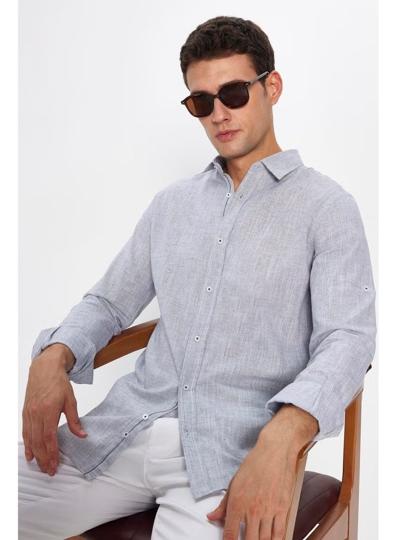 Tudors Men's Slim Fit Slim Fit Long Sleeve Cotton Linen Texture Epaulette Gray Shirt - Image 1