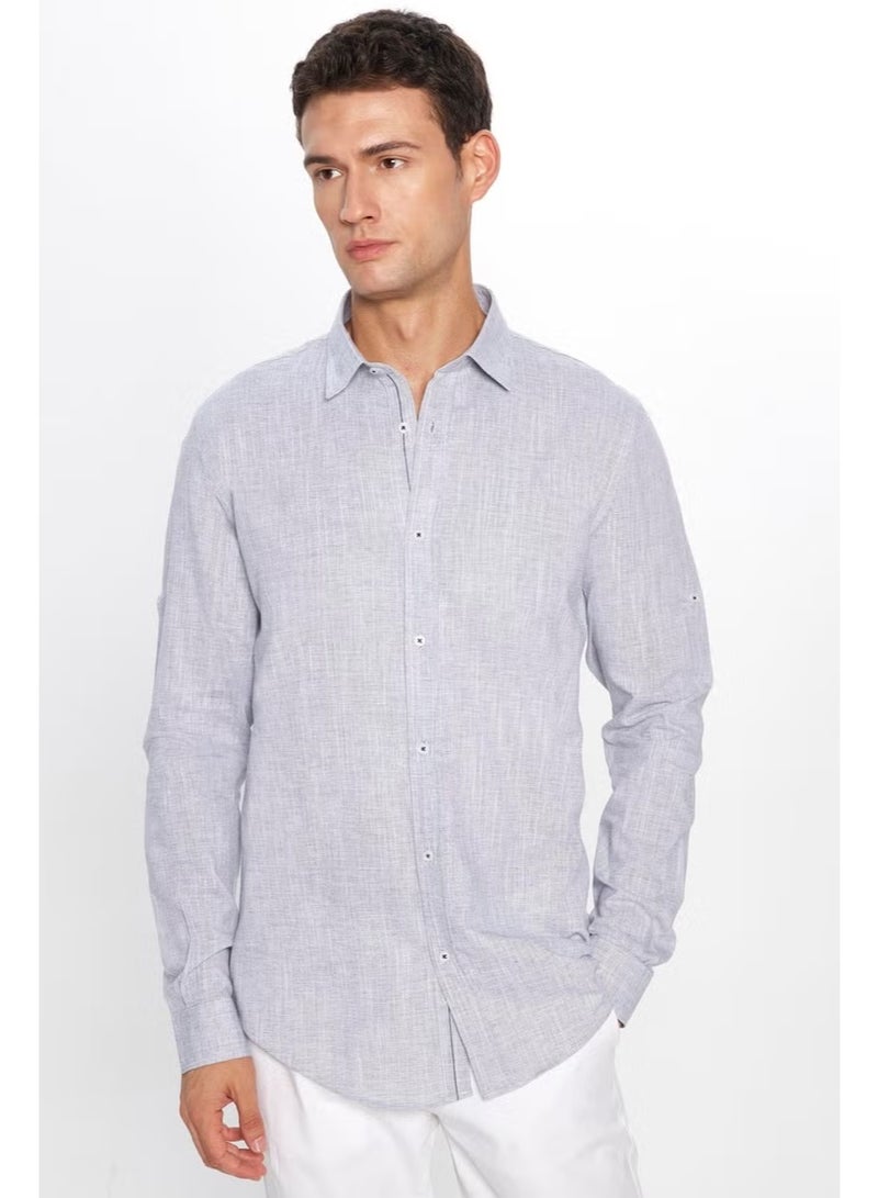 Tudors Men's Slim Fit Slim Fit Long Sleeve Cotton Linen Texture Epaulette Gray Shirt - Image 2