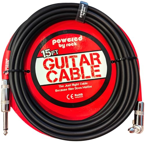Powered By Rock 15ft Guitar Cable for Electric Guitar & Bass - Crystal Clear Instrument Cable & Tangle Free - 1/4 Inch Male to Male Inputs with a Right Angle Jack On One End to Secure Your Amp Cord - Image 1
