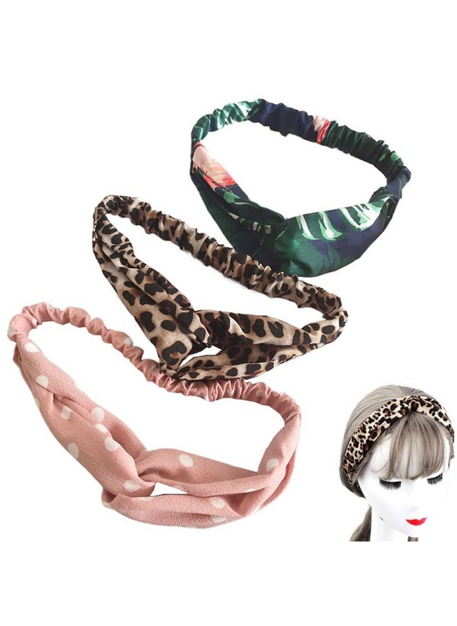 Jilukibo - Boho Printing Leopard Cross Headband For Women Girl Fashion Stretch Bow Hair Band Hairband Twisted Elastic Head Wrap Accessories (3 Pack) - Image 1