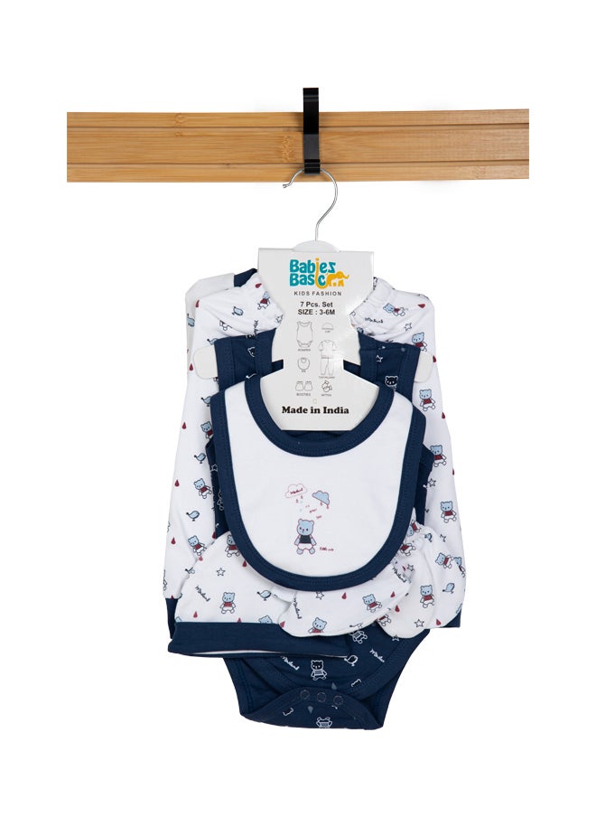 Babies Basic - 7 Piece Unisex 100% Cotton Set Include Bib, Socks, Mitten, Cap, Romper, Top And Bottom Set, Blue - Image 1