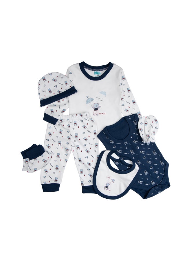 Babies Basic - 7 Piece Unisex 100% Cotton Set Include Bib, Socks, Mitten, Cap, Romper, Top And Bottom Set, Blue - Image 1