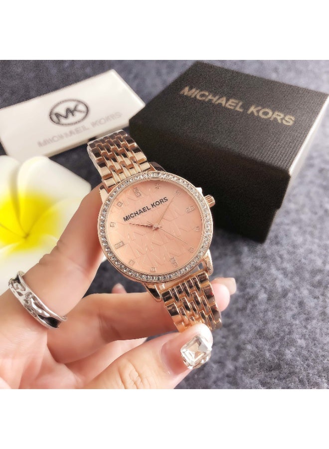 ام كي Michael Kors Women's Watch with Rose Gold - Tone Stainless Steel Bracelet and Crystal - Embellished Pink Dial