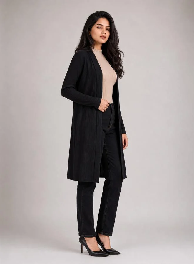 Take Two Black Solid Ribbed Longline Open Front Shrug By Gravt