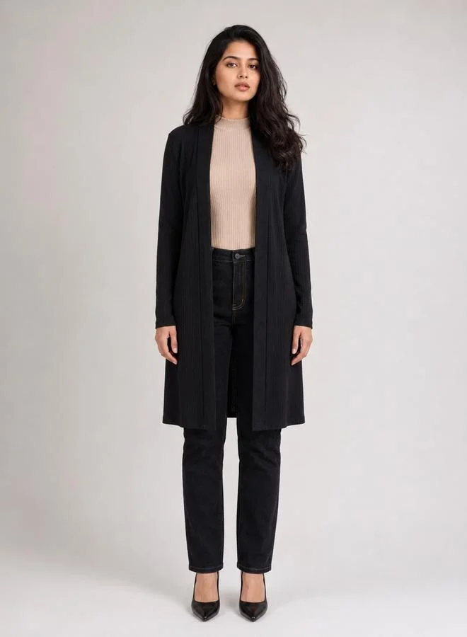 Take Two Black Solid Ribbed Longline Open Front Shrug By Gravt