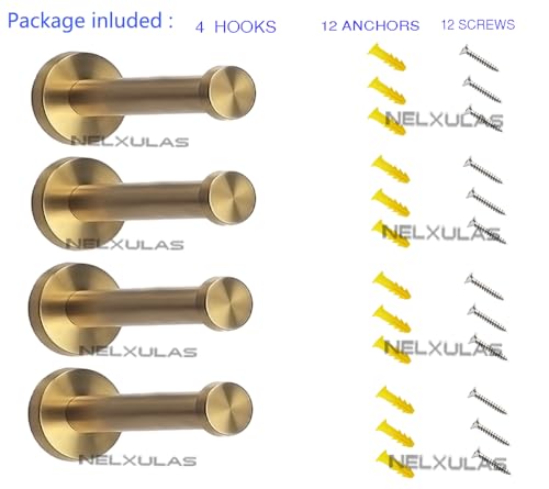 NELXULAS Golden Brushed Stainless Steel Single Heavy Duty Wall Mount Hook Bath Towel Hooks Robe Hooks Coat Hanger 4 PCS 6 inch - Image 3