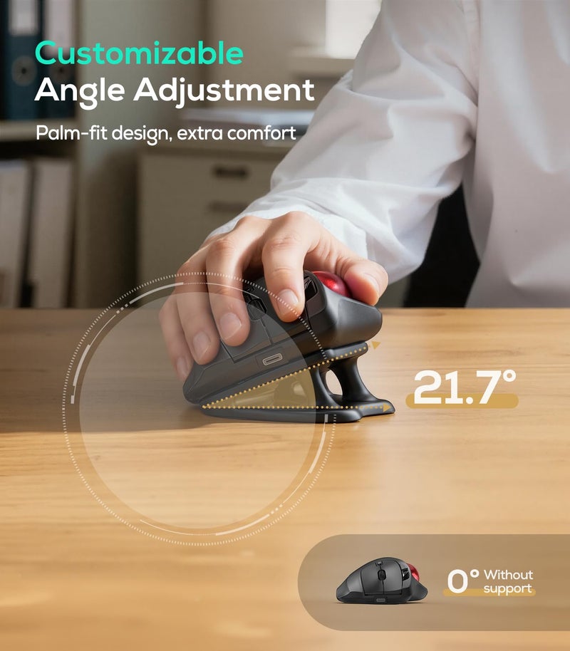 Nulea M511 Wireless Trackball Mouse, Rechargeable Ergonomic Thumb-Control Mouse with Tilt Stand, Smooth & Precision Tracking, 3 Device Connection (Bluetooth or USB Receiver), for PC/Mac/Laptop-Red - Image 2