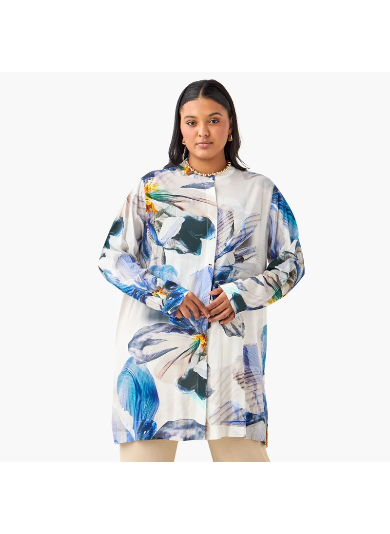  أولا بوبكن Plus Size Ulla Popken All-Over Floral Print Top with Mandarin Collar