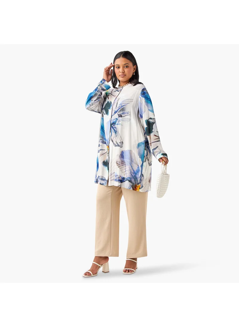  أولا بوبكن Plus Size Ulla Popken All-Over Floral Print Top with Mandarin Collar
