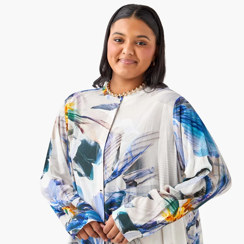 Ulla Popken Plus Size Ulla Popken All-Over Floral Print Top with Mandarin Collar