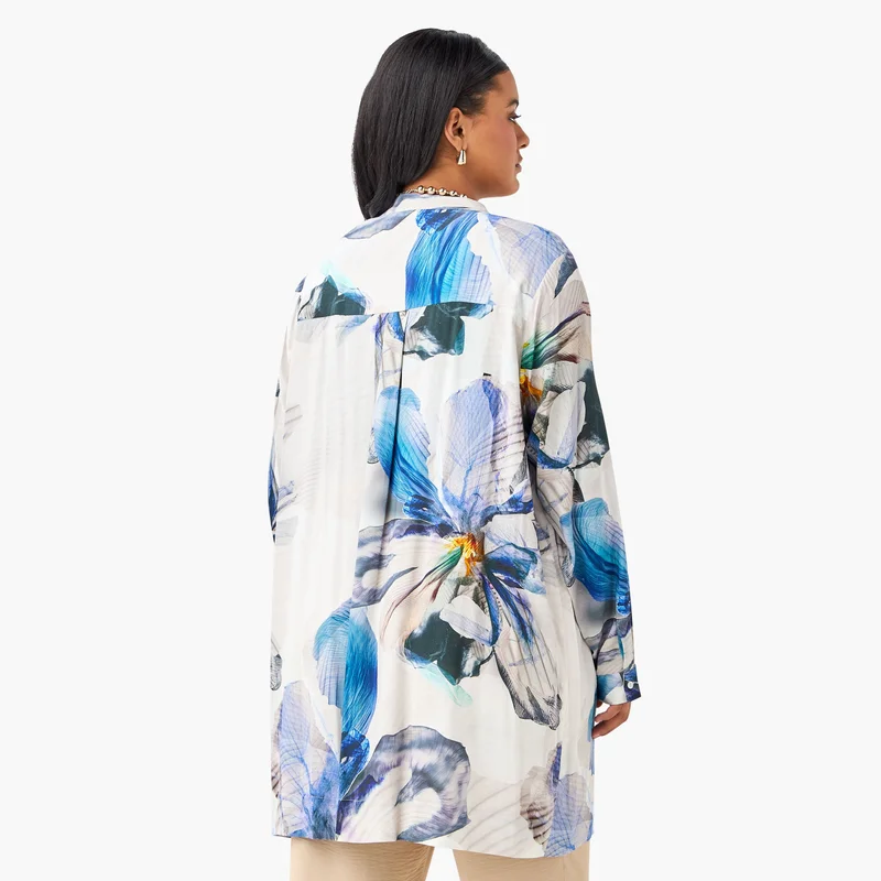 Ulla Popken Plus Size Ulla Popken All-Over Floral Print Top with Mandarin Collar