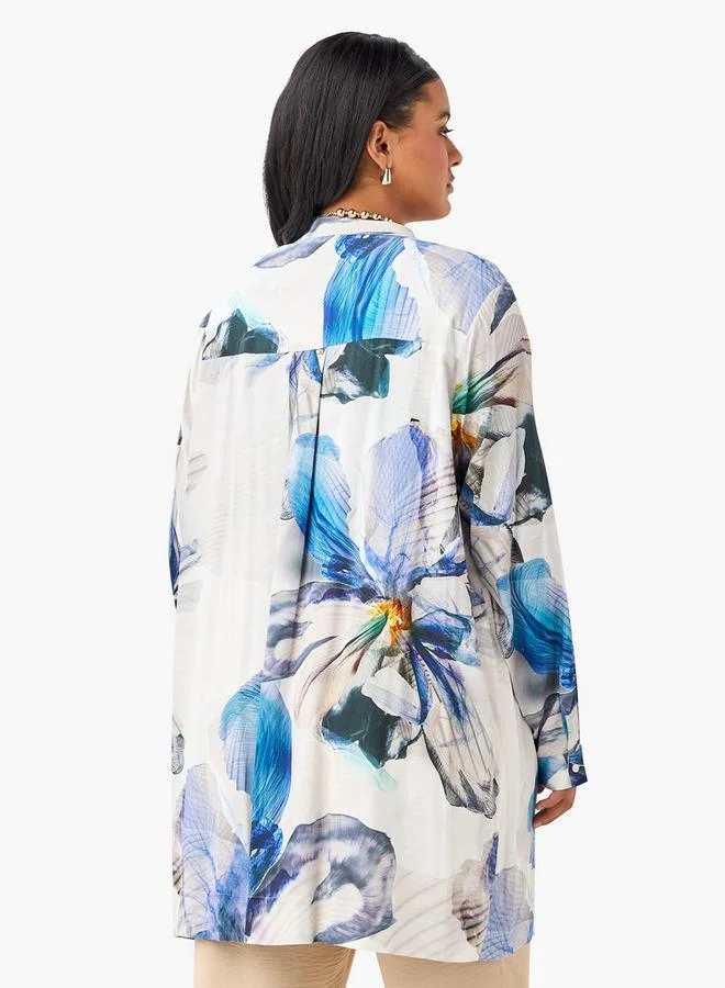Ulla Popken Plus Size Ulla Popken All-Over Floral Print Top with Mandarin Collar
