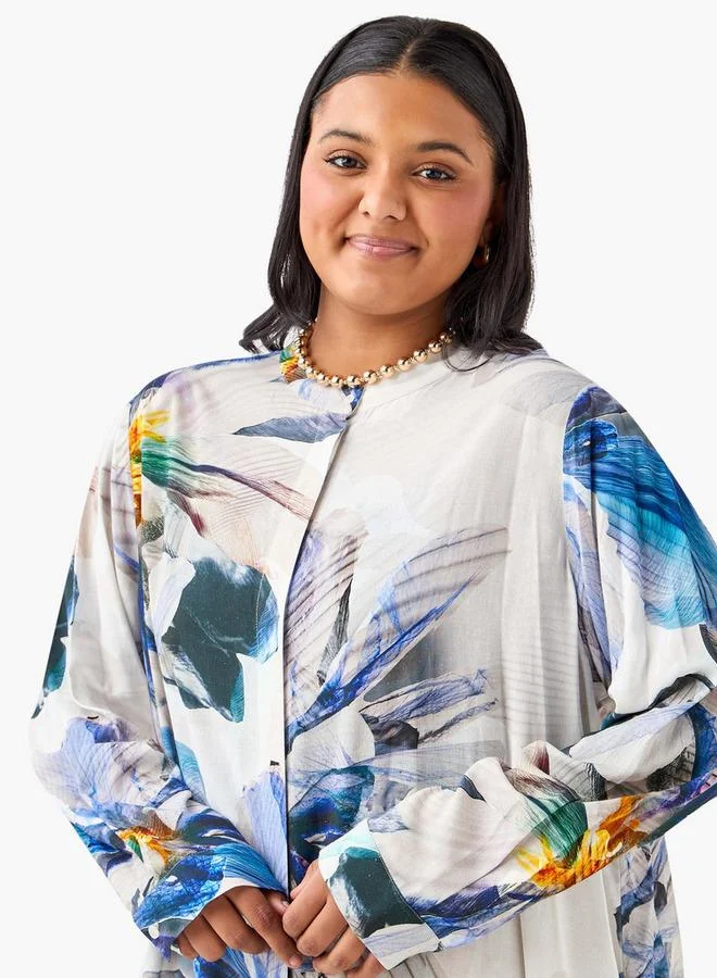 Ulla Popken Plus Size Ulla Popken All-Over Floral Print Top with Mandarin Collar