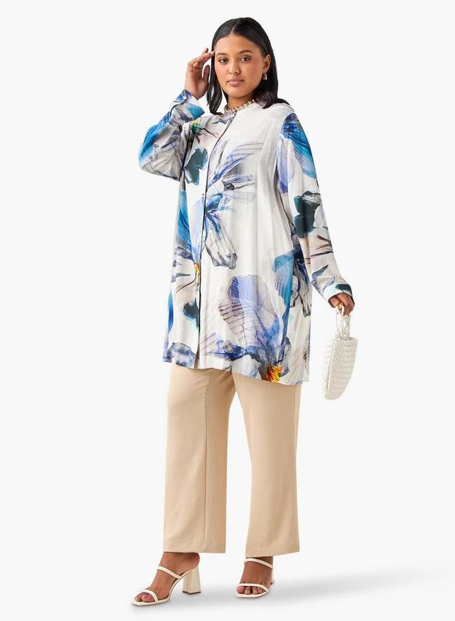 Ulla Popken Plus Size Ulla Popken All-Over Floral Print Top with Mandarin Collar