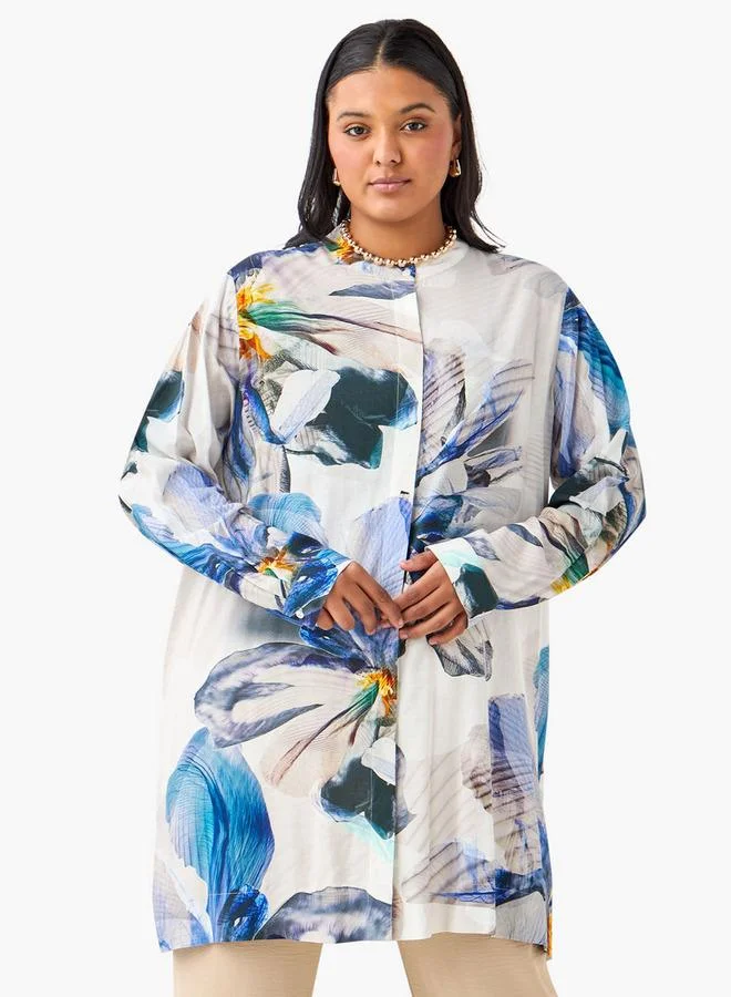 Ulla Popken Plus Size Ulla Popken All-Over Floral Print Top with Mandarin Collar