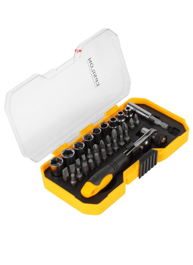 Epsilon - Epsilon 34 Pieces Ratchet Set- EPSRS1574/ Versatile and Highly Durable, Includes Philips, Pozidriv, Wera Slotted, Torx, Square Bits, 9 Sockets, Coupler and Combination Wrench/ Perfect for a Wide Range of Applications/ Black and Yellow - Image 1