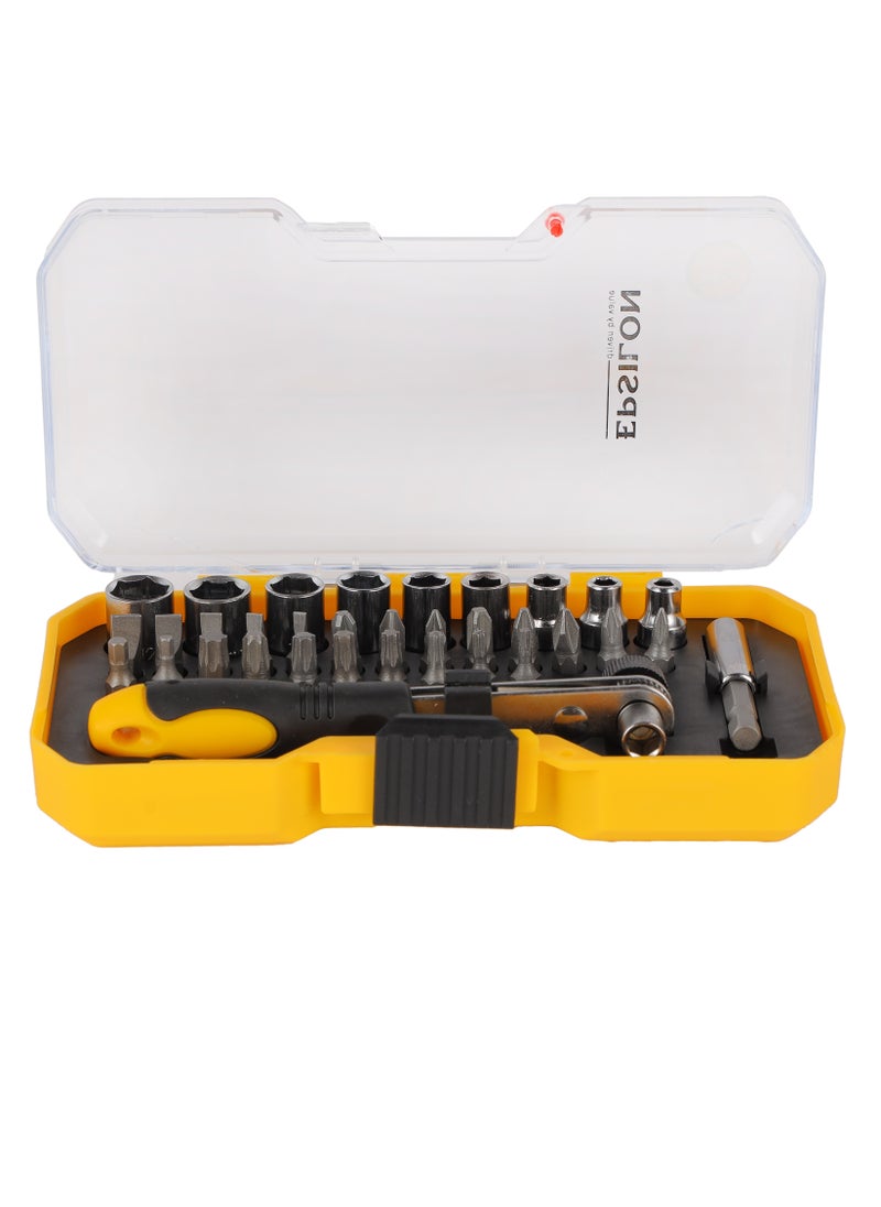 Epsilon - Epsilon 34 Pieces Ratchet Set- EPSRS1574/ Versatile and Highly Durable, Includes Philips, Pozidriv, Wera Slotted, Torx, Square Bits, 9 Sockets, Coupler and Combination Wrench/ Perfect for a Wide Range of Applications/ Black and Yellow - Image 1