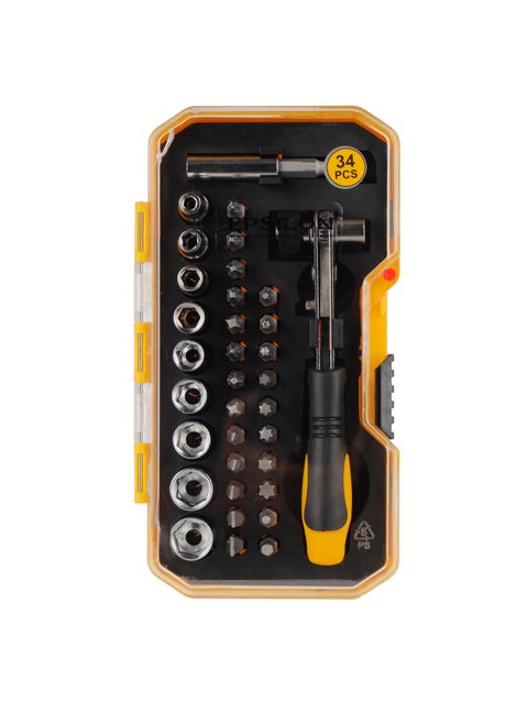 Epsilon 34 Pieces Ratchet Set- EPSRS1574/ Versatile and Highly Durable, Includes Philips, Pozidriv, Wera Slotted, Torx, Square Bits, 9 Sockets, Coupler and Combination Wrench/ Perfect for a Wide Range of Applications/ Black and Yellow