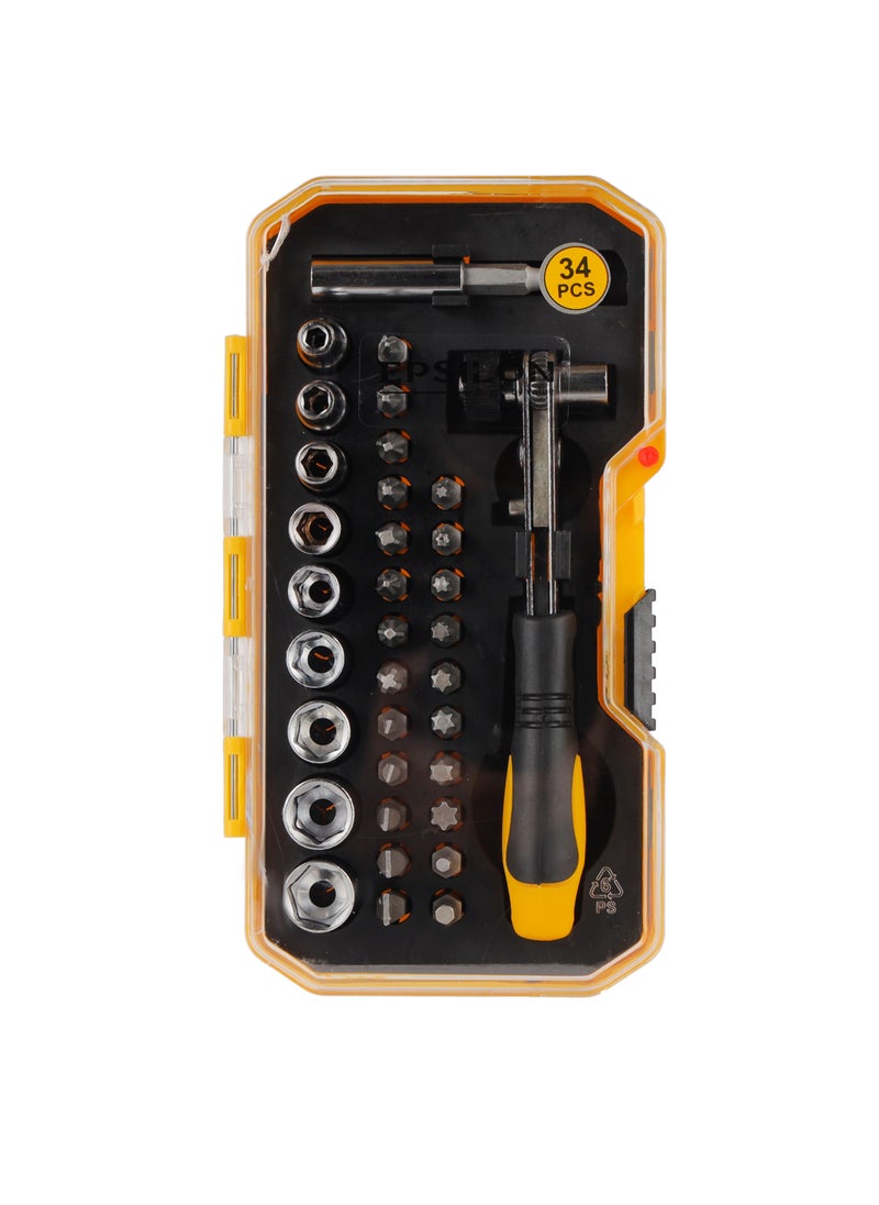 Epsilon - Epsilon 34 Pieces Ratchet Set- EPSRS1574/ Versatile and Highly Durable, Includes Philips, Pozidriv, Wera Slotted, Torx, Square Bits, 9 Sockets, Coupler and Combination Wrench/ Perfect for a Wide Range of Applications/ Black and Yellow - Image 1