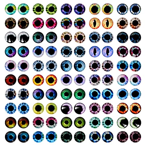 MWOOT 100 Pcs 12MM Glass Eyes Cabochon Dragon Eyes, Colorful Glass Eyes for Crafts, 50 Style Rabbit Cat Owl Bird Human Pupil Eyes for Doll Art Making Jewelry DIY Craft Halloween Easter Decoration - Image 1