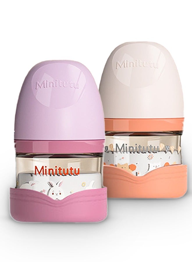 Minitutu Pack of 2 Anti-Colic Glass Feeding Bottle for Newborn with Breast-Like Nipples and Silicone Anti Drop base, 80ml, 0M+, Wide-Neck(White&Pink) - Image 1