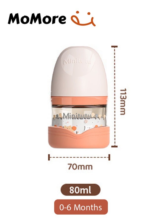 Minitutu Pack of 2 Anti-Colic Glass Feeding Bottle for Newborn with Breast-Like Nipples and Silicone Anti Drop base, 80ml, 0M+, Wide-Neck(White&Pink) - Image 2