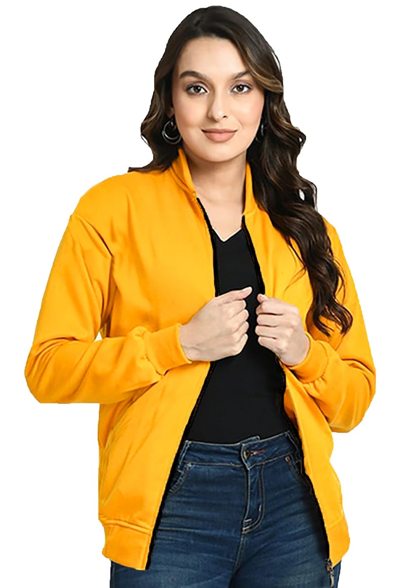 LEOTUDE Full Sleeve Standard Length Loose Fit Loopknit Women Bomber Jacket (GRL_JKT02_MRUN_P_Mustard_XL) - Image 1
