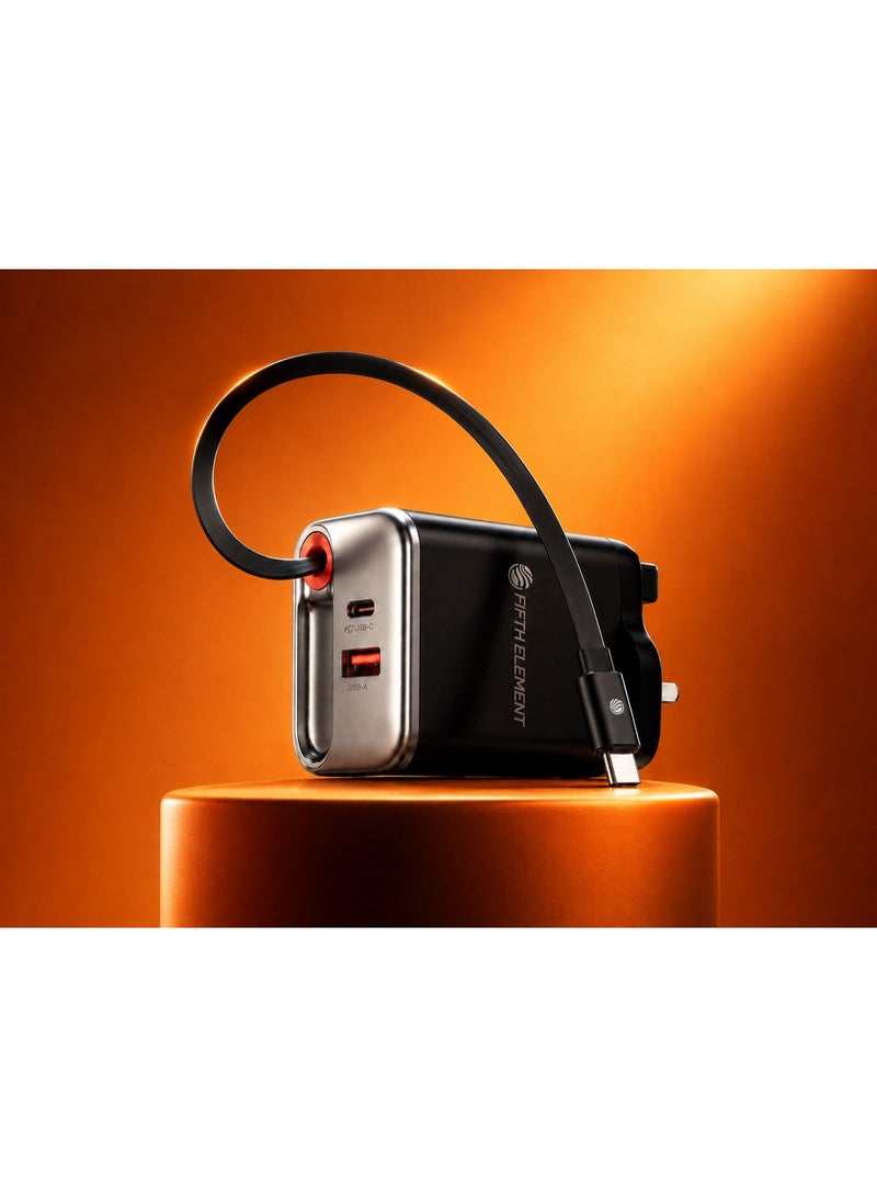 FIFTH ELEMENT HELIX​ Helix 65W GaN 2 in 1 Mobile Charger with Built-In 70cm Retractable USB-C Cable & Multi-Device Outputs – Black - Image 5