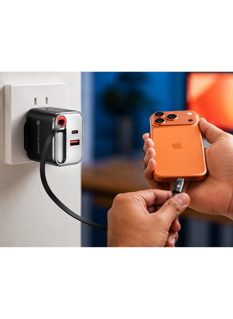 FIFTH ELEMENT HELIX​ Helix 65W GaN 2 in 1 Mobile Charger with Built-In 70cm Retractable USB-C Cable & Multi-Device Outputs – Black - Image 3