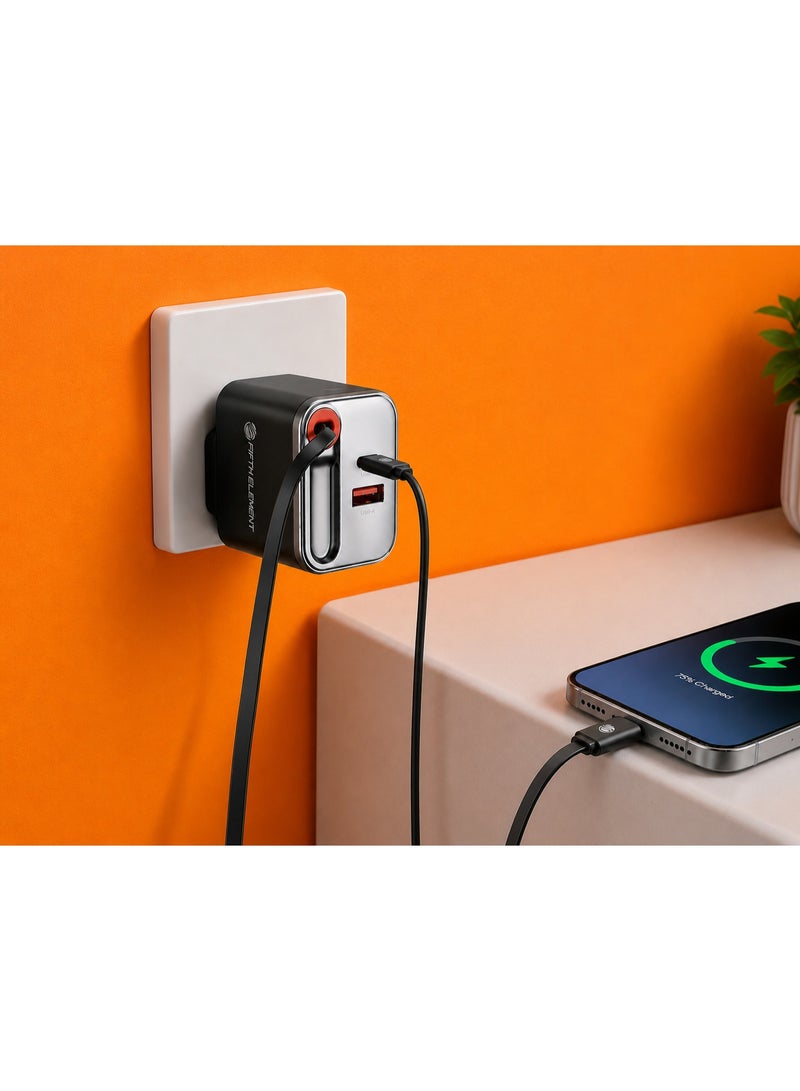 FIFTH ELEMENT HELIX​ Helix 65W GaN 2 in 1 Mobile Charger with Built-In 70cm Retractable USB-C Cable & Multi-Device Outputs – Black - Image 2