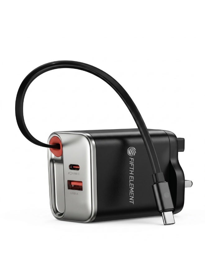 FIFTH ELEMENT HELIX​ Helix 65W GaN 2 in 1 Mobile Charger with Built-In 70cm Retractable USB-C Cable & Multi-Device Outputs – Black - Image 1