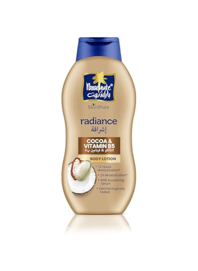 Parachute SkinPure Radiance Body Lotion with Cocoa and Vitamin B5 | UVA/UVB Sunscreen | Blend of Cocoa, Vitamin B5 and Virgin Coconut Oil for Radiant Skin | 72Hr Moisturization | 400ml
