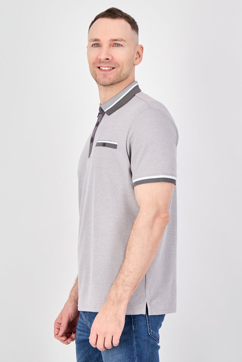 Report Collection Men Regular Fit Short Sleeve Stripe Polo Shirt, Grey - Image 2