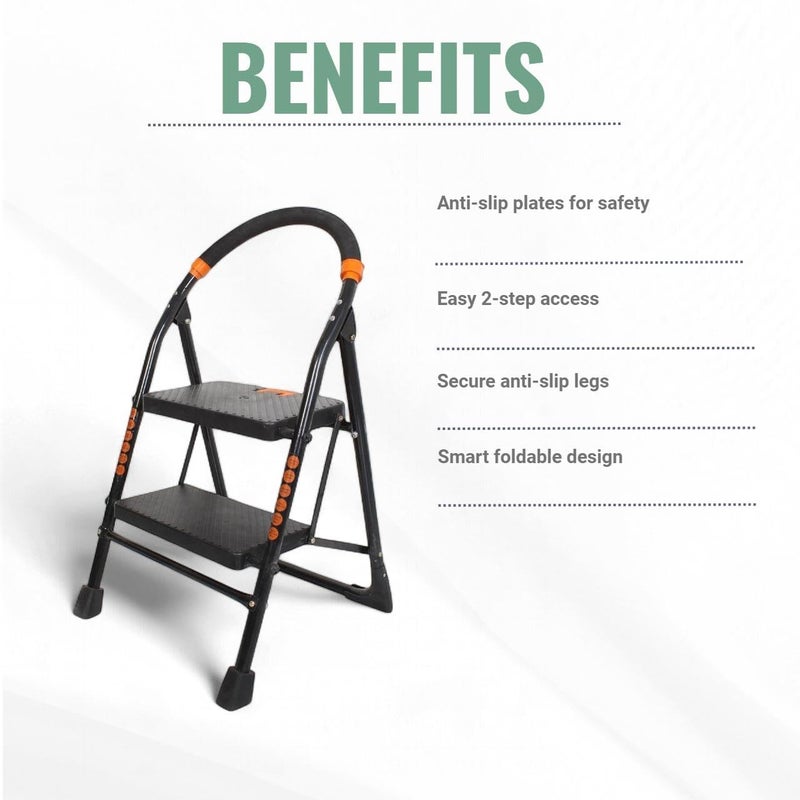 OBBO OBBO NISHIKA 2 Step Ladder for Home use Heavy Duty Steel with Wide Steps and Top Platform with Anti Slip and Anti Skid Shoes can be Used as Step Stool in Office and Industrial Purpose Black 2Step  - Image 5