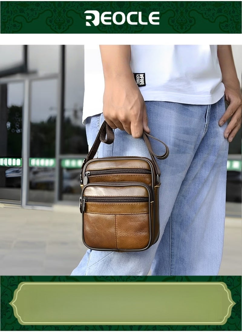 REOCLE Men's Genuine Leather Shoulder Bag Retro Crossbody Casual Business Handbag School Bag Fashion Casual Brown - Image 1