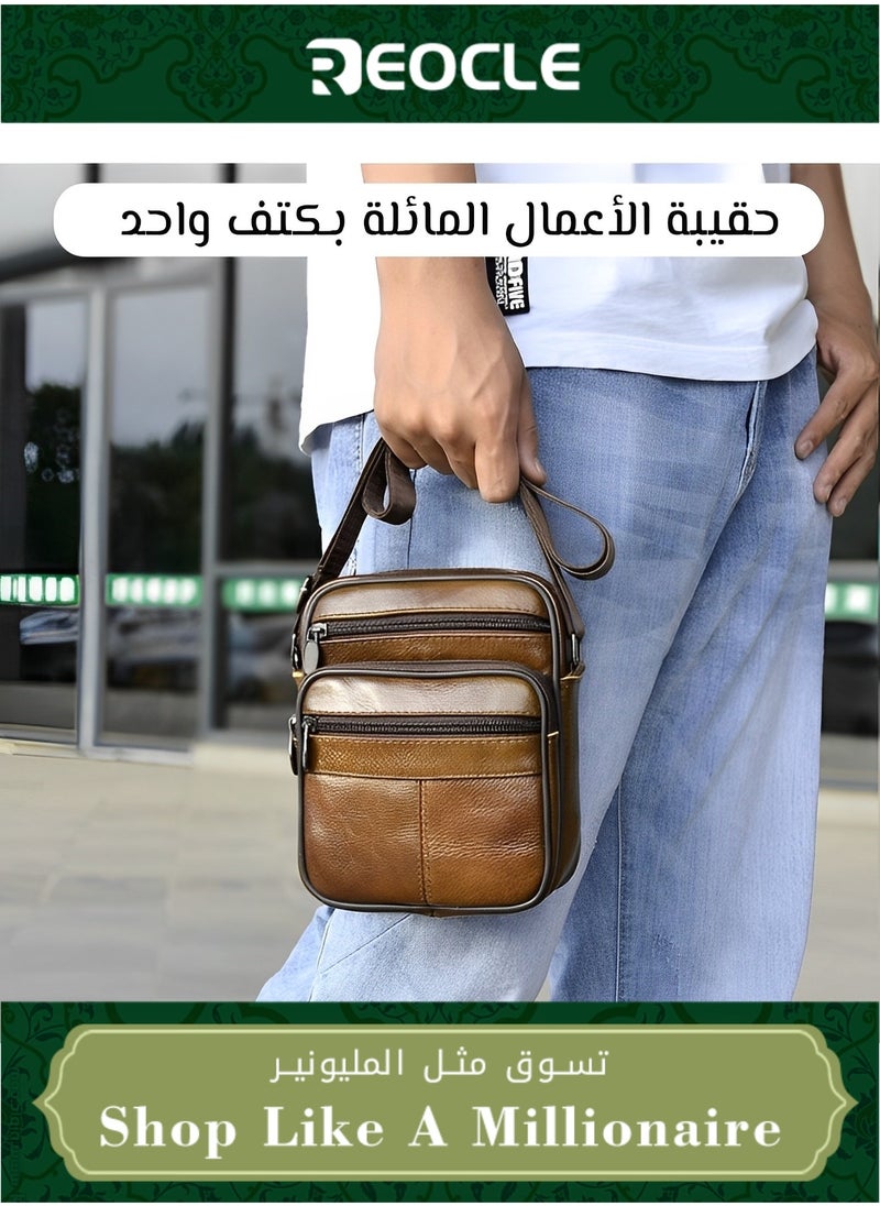 REOCLE - Men's Genuine Leather Shoulder Bag Retro Crossbody Casual Business Handbag School Bag Fashion Casual Brown - Image 1