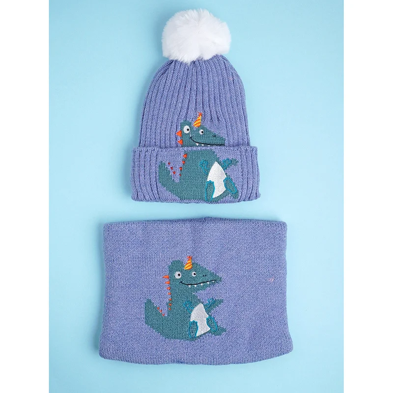 LITTLE SURPRISE BOX 2Pcs Themed Blue Party Dino Themed Beanie Winter Cap With Matching Neck Cuff Style Muffler For Kids