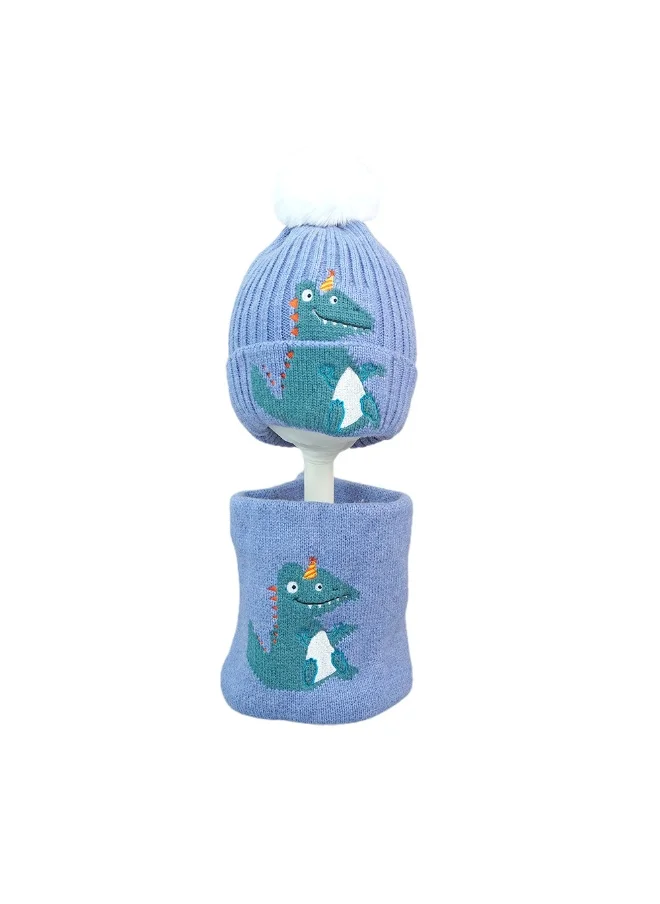 LITTLE SURPRISE BOX 2Pcs Themed Blue Party Dino Themed Beanie Winter Cap With Matching Neck Cuff Style Muffler For Kids