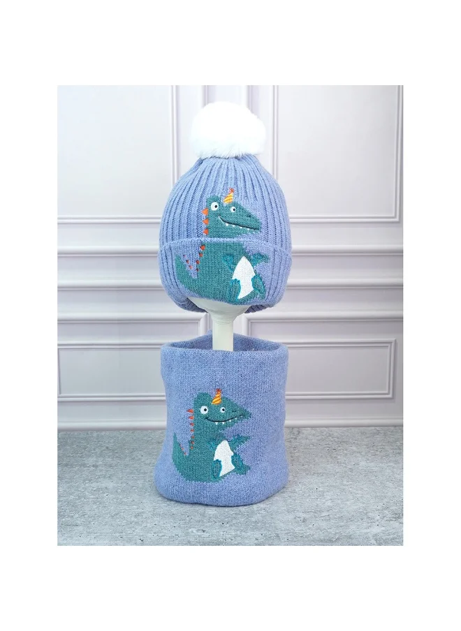 LITTLE SURPRISE BOX 2Pcs Themed Blue Party Dino Themed Beanie Winter Cap With Matching Neck Cuff Style Muffler For Kids