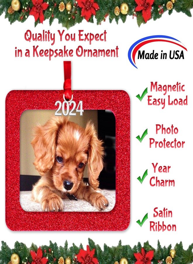 Expressly Yours! Photo Expressions Photo Ornaments for Christmas Tree, Classic Red and Black Buffalo Plaid Christmas Frame Ornament, Easy-Load Magnetic Design, with Satin Ribbon, 2024 Silver Charm Plus Photo Protector, Horizontal - Image 2