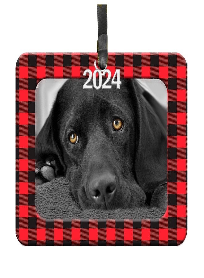 Expressly Yours! Photo Expressions Photo Ornaments for Christmas Tree, Classic Red and Black Buffalo Plaid Christmas Frame Ornament, Easy-Load Magnetic Design, with Satin Ribbon, 2024 Silver Charm Plus Photo Protector, Horizontal - Image 1