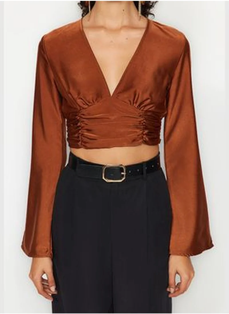 trendyol Brown Draped Satin Blouse TPRAW24BZ00024