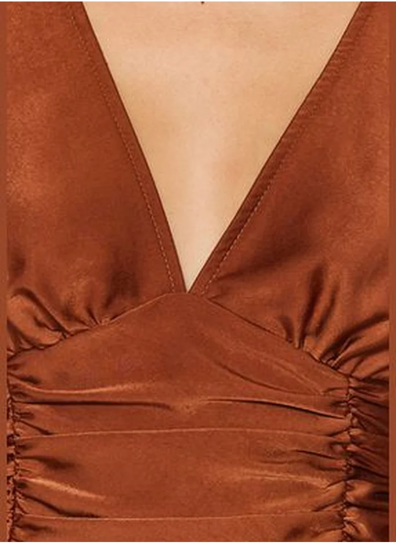 trendyol Brown Draped Satin Blouse TPRAW24BZ00024