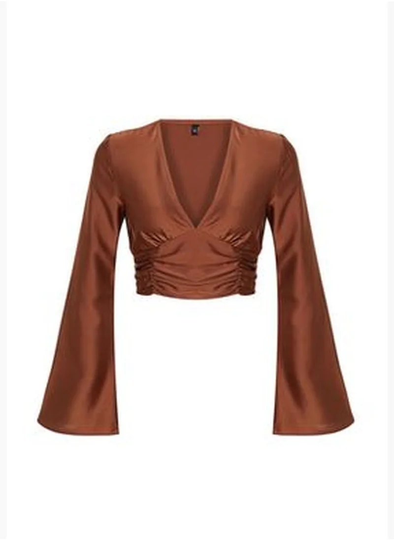 trendyol Brown Draped Satin Blouse TPRAW24BZ00024