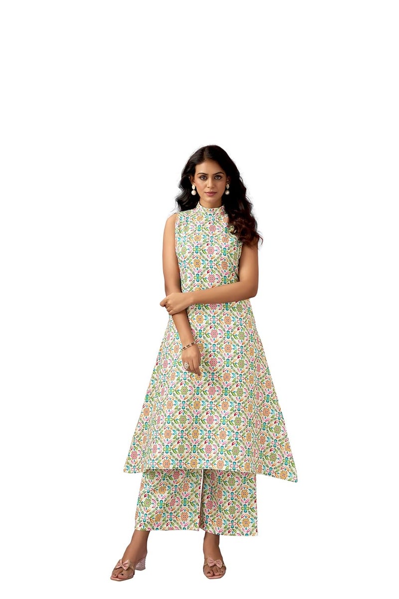 STUNNGIRL Timeless Elegance طقم كورد بأناقة خالدة من STUNNGIRL بطباعة زهور من القطن بدون أكمام مع جيوب، كورت طويل مع بنطلون، أبيض متعدد الألوان للملابس الكاجوال - Image 1