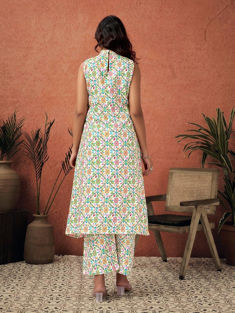 STUNNGIRL Timeless Elegance طقم كورد بأناقة خالدة من STUNNGIRL بطباعة زهور من القطن بدون أكمام مع جيوب، كورت طويل مع بنطلون، أبيض متعدد الألوان للملابس الكاجوال - Image 2