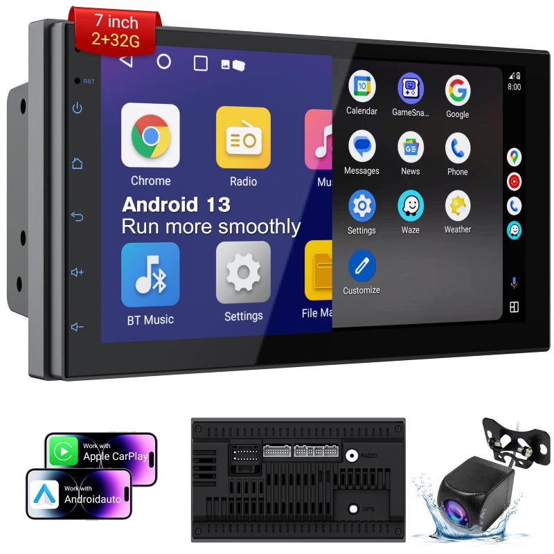 Haudio 7 Inch Double Din Car Stereo with Wireless Apple CarPlay & Android Auto, 2+32G Android 13 Car Radio, Bluetooth, GPS Navigation, FM AM RDS, IPS Touchscreen, Backup Camera Ready - Image 1