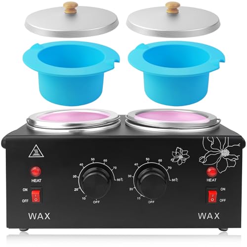 folconroad Portable Wax Warmer Machine for Painless Hair Removal, Women Men Professional Wax Heater with Adjustable Temperature Set, 40pcs Sticks, 2 Silicone Bowls (Black - Double Pots) - Image 1