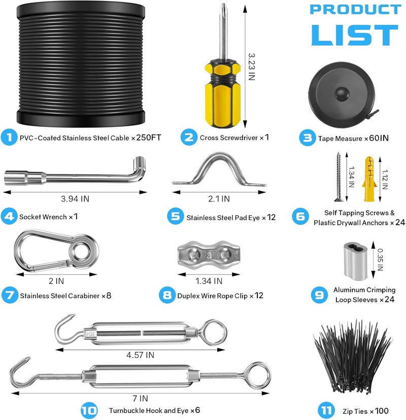 Nereus String Light Hanging Kit with 250 Ft Vinyl Coated 304 Stainless Steel Cable, String Light Suspension Kit, Guide Wire with Turnbuckles and Hooks for Patio, Backyard Lighting Accessories - Image 2